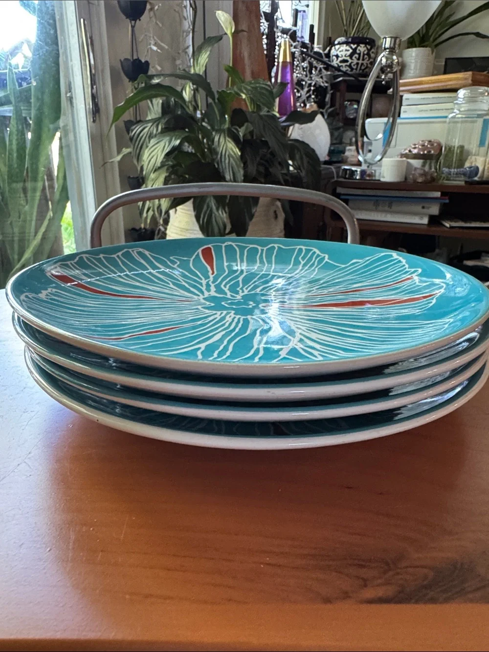 Ikea Bullra Salad Plates Aqua Blue Red Flowers Floral 8.25